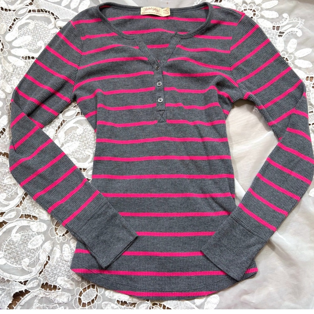 Y2K Cutie Pink Grey Striped Waffle Knit Henley Long Sleeve Top Small